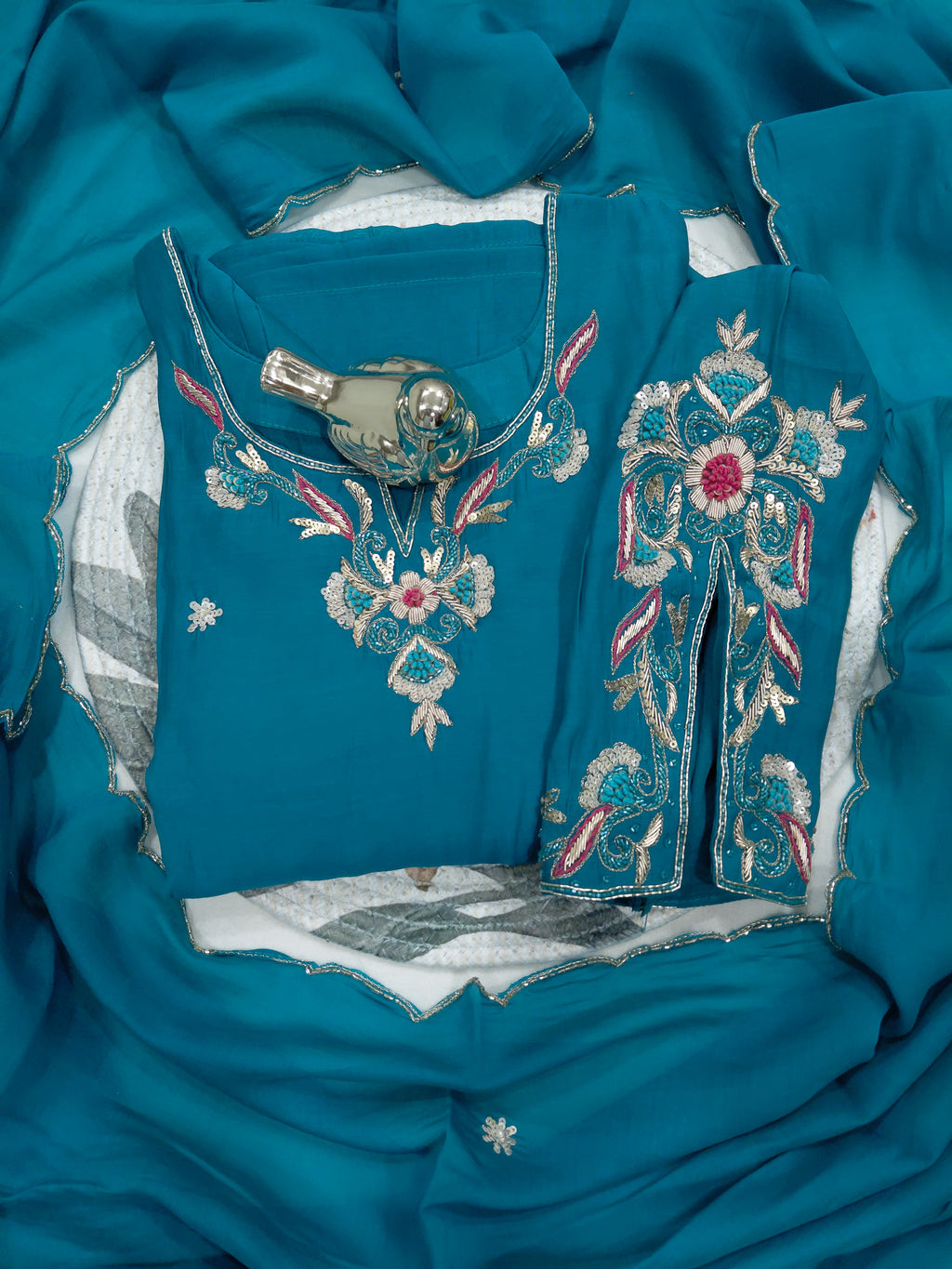 Turquoise Blue Embroidered Kurta With Dupatta