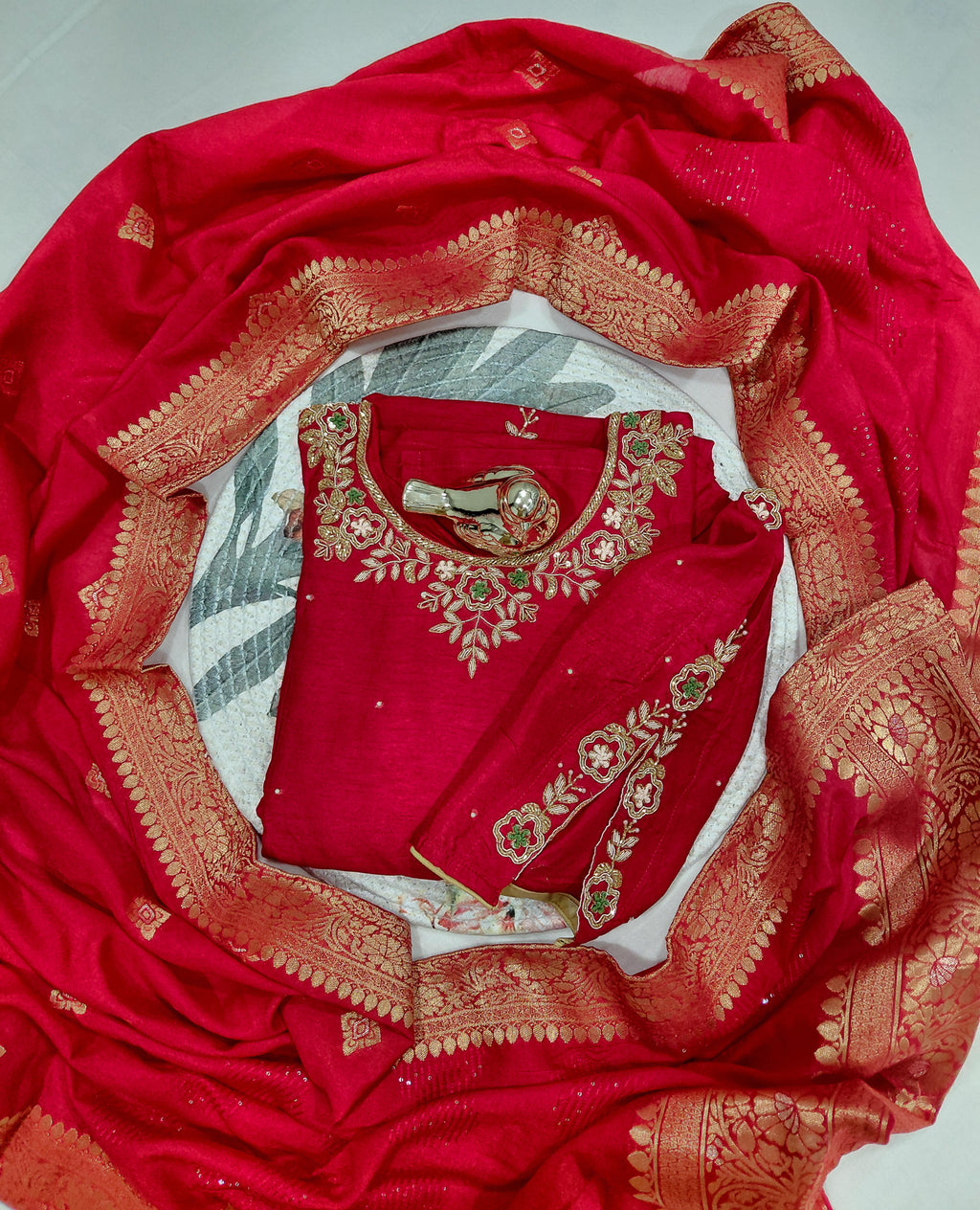 PURE DOLA WITH BANARSI DUPATTA WITH HEAVY SHELVES WORK