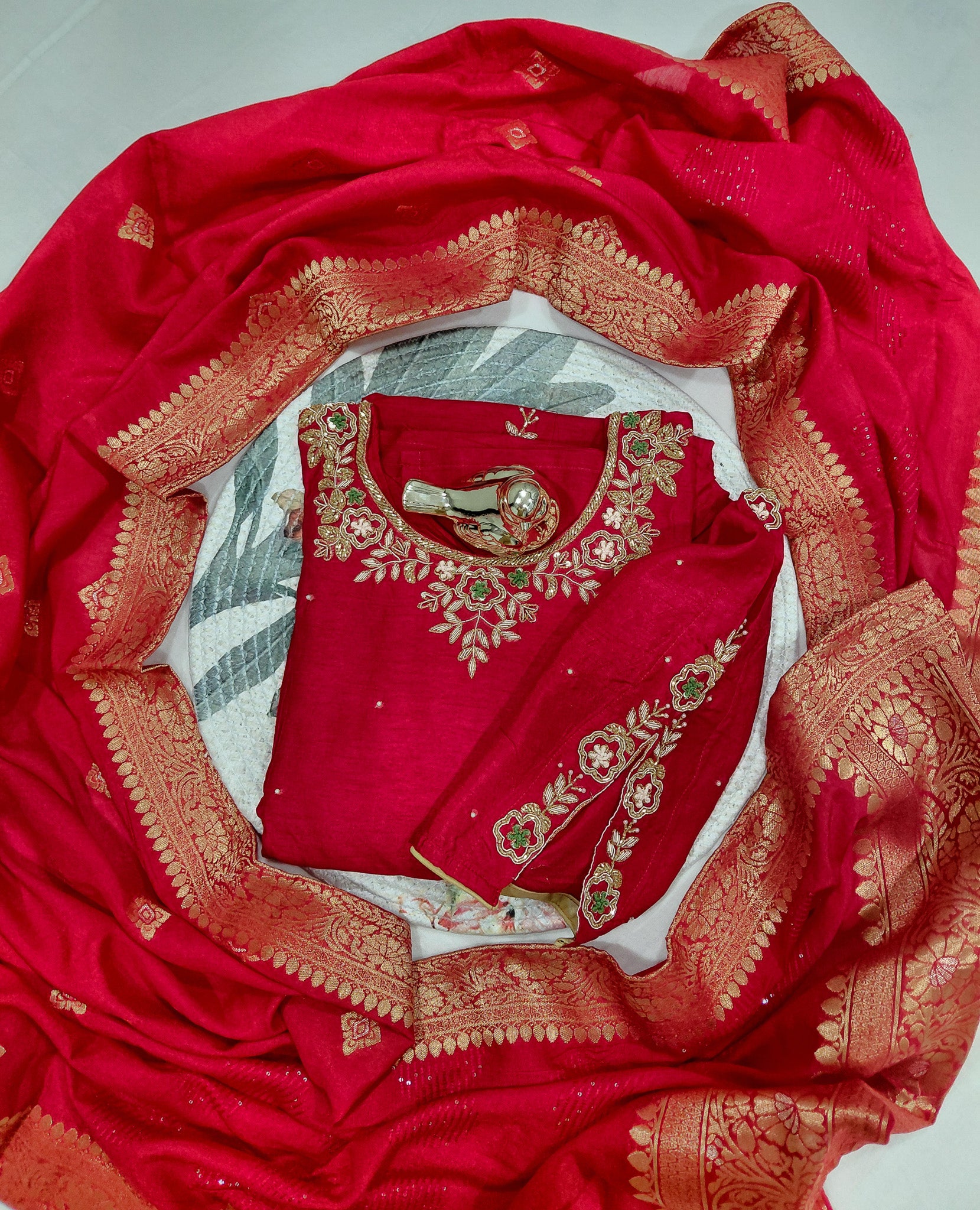 PURE DOLA WITH BANARSI DUPATTA WITH HEAVY SHELVES WORK