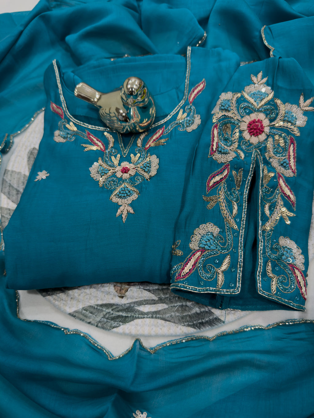 Turquoise Blue Embroidered Kurta With Dupatta