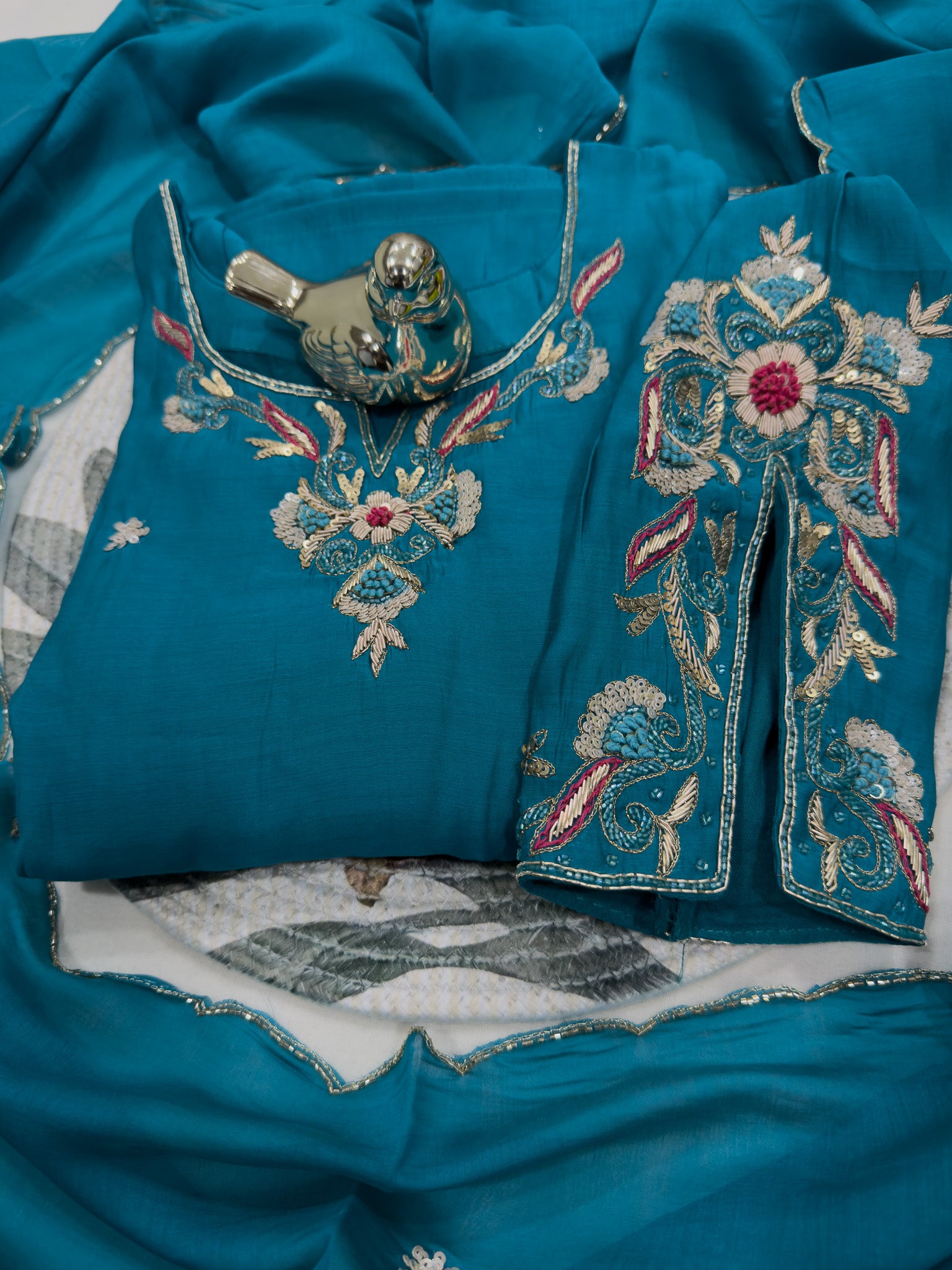 Turquoise Blue Embroidered Kurta With Dupatta