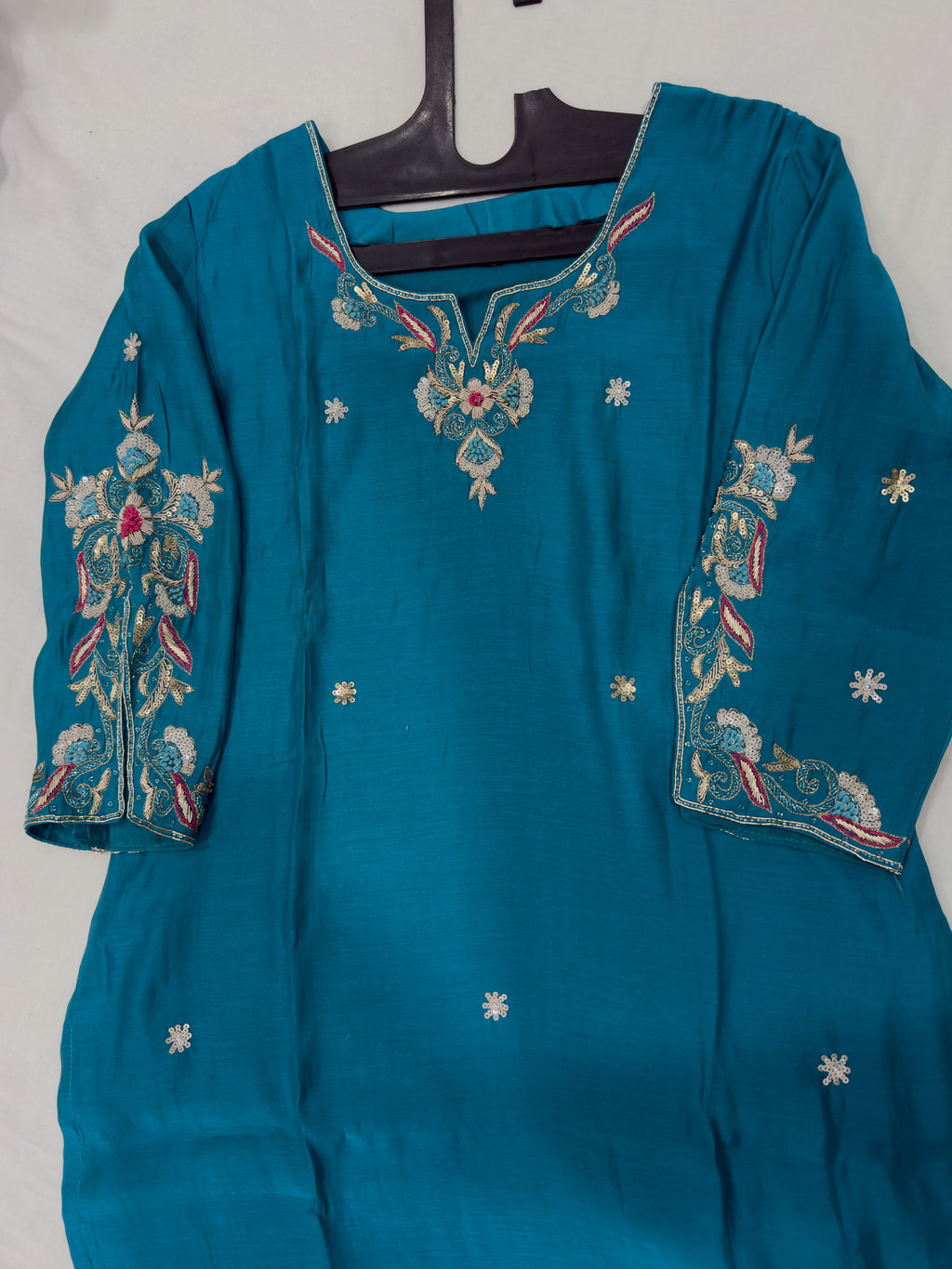Turquoise Blue Embroidered Kurta With Dupatta